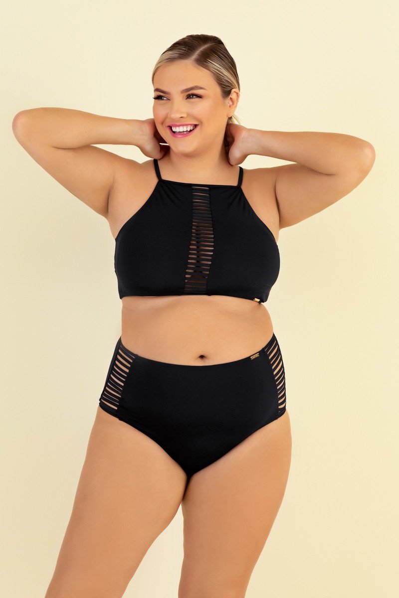 Calcinha Biquini Plus Size Preto Hot Pant Tiras